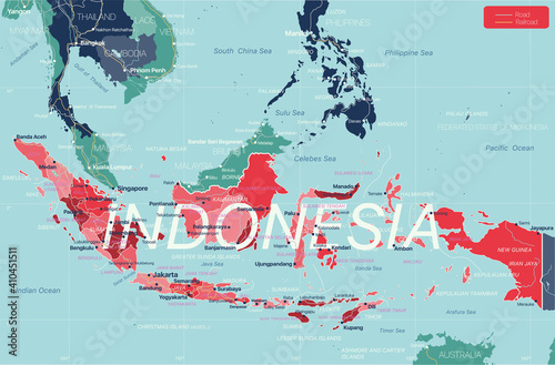 Indonesia country detailed editable map with regions cities and towns, roads and railways, geographic sites. Vector EPS-10 file