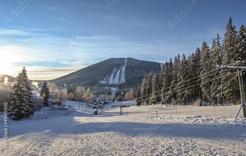 Empty ski slopes in winter season.