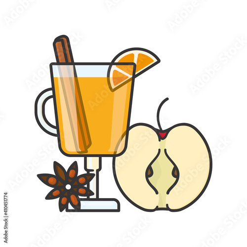 Glass of hot mulled cider and ingredients isolated vector illustrationfor Hot Mulled Cider Day on September 30. Hot spiced drink symbol.