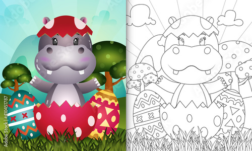 coloring book for kids themed happy easter day with character illustration of a cute hippo in the egg
