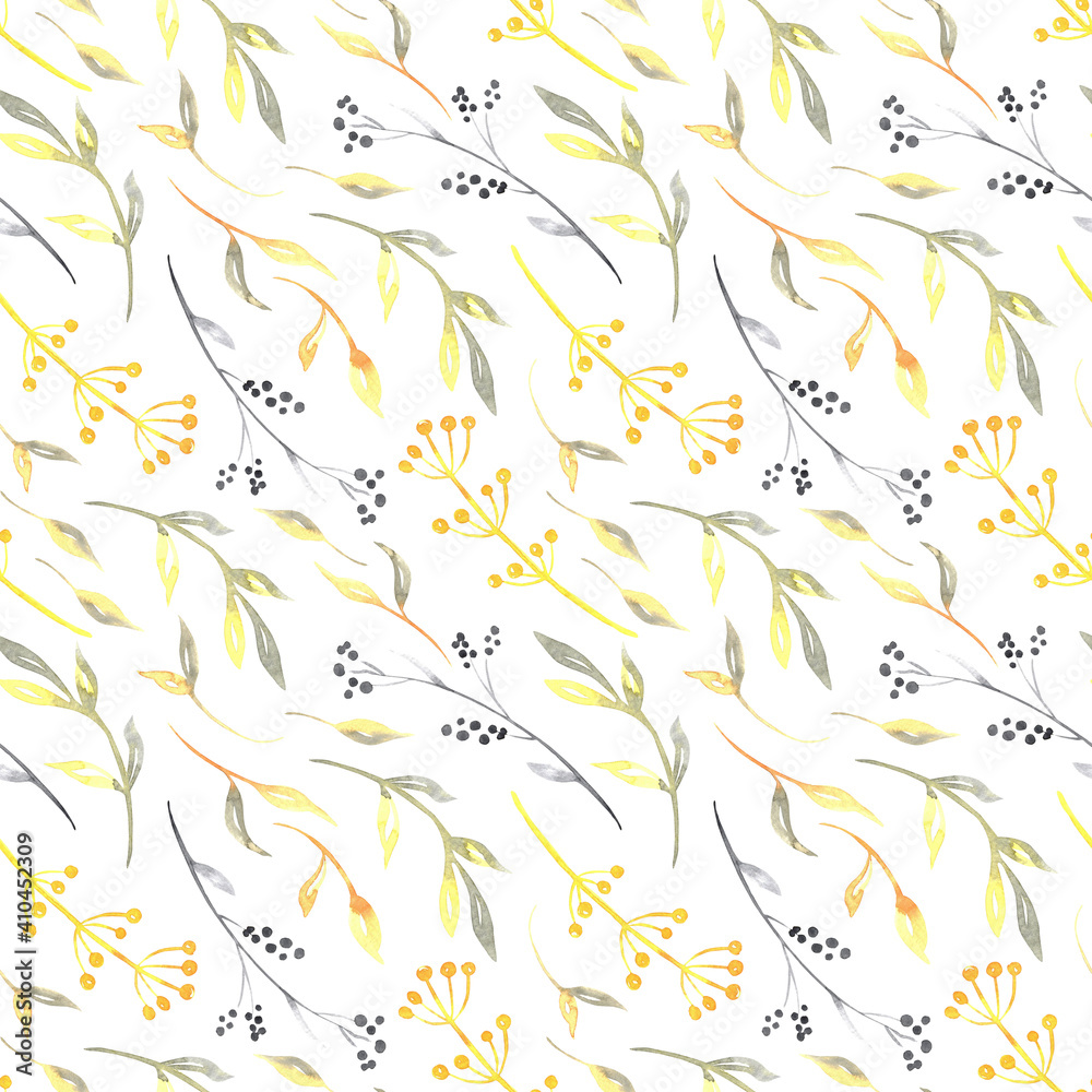 Naklejka premium Watercolor leaves pattern in yellow and grey colors. Delicate wild greens background on white