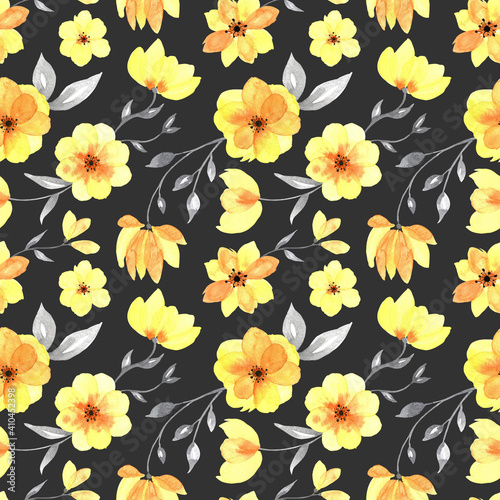 Yellow watercolor flowers with grey leaves on dark background. Transparent watercolor flowers backdrop
