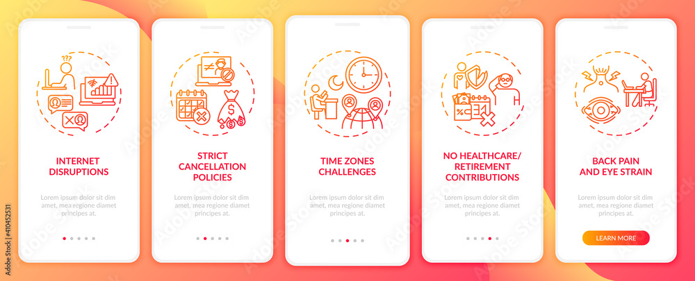 Online english teaching challenges onboarding mobile app page screen with concepts. Time zones challenges walkthrough 5 steps graphic instructions. UI vector template with RGB color illustrations