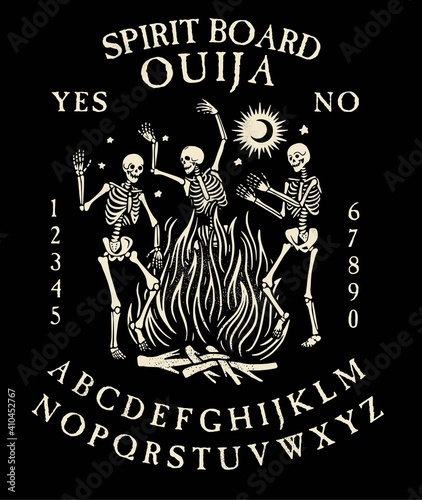Spirit Board Ouija with Skeletons Dance. Dancing skeletons near the fire. Vector Illustration.