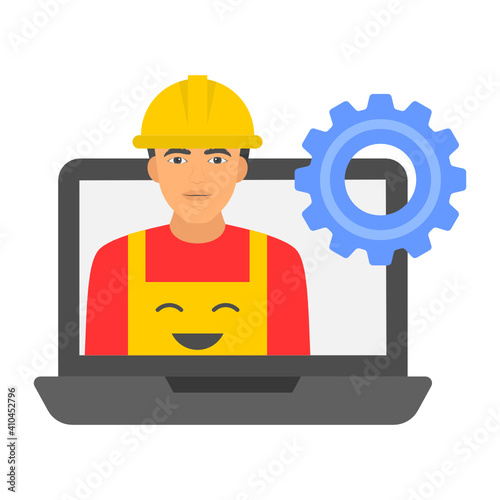 Technical Team Members Cocnept, HRM Symobls on White Background, Engineering Lead Vector color Icon Design, Man wearing hard helmet with Cogwheel design, Business Character stock illustration