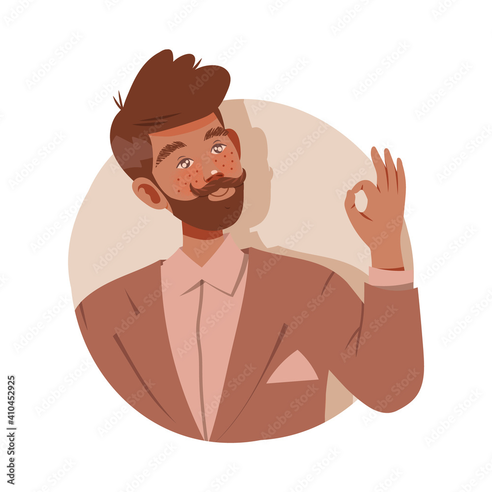 Moustached Man Looking Out of Circle Window Showing Hand Gesture Vector Illustration