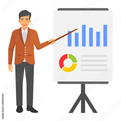 Employee Trainer Concept, hrm symbol on white background, Mentor giving Presentation Vector color Icon design, business character stock illustration