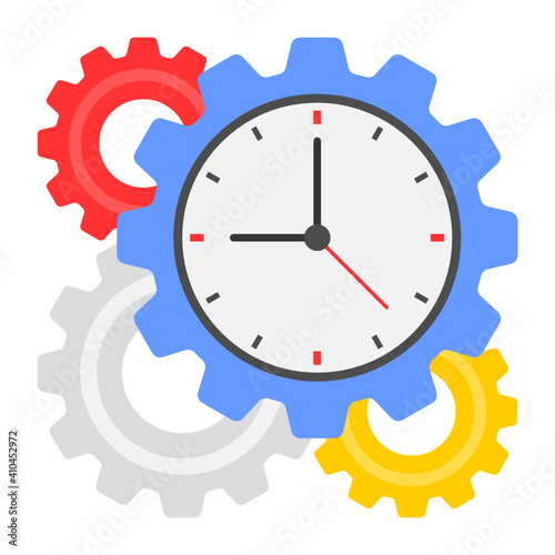 Daily Job time management concept, hrm symbol on white background, gear inside clock vector color icon design, Office Timings Sign, three cogwheels sync with each other stock illustration