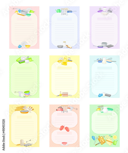 Recipe Cards with Kitchen Items and Lines Vector Template Set