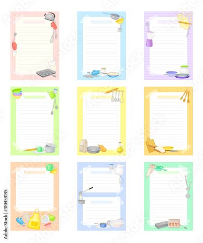 Recipe Cards with Kitchen Items and Lines Vector Template Set