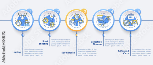 Gun ownership for civilian vector infographic template. Firearm for hunting presentation design elements. Data visualization with 5 steps. Process timeline chart. Workflow layout with linear icons