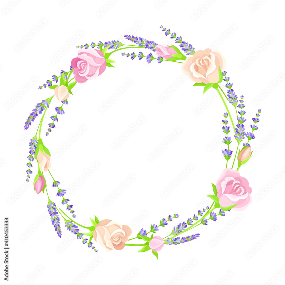 Tender Floral Wreath Arranged from Lavender Twigs and Rose Buds Vector Illustration
