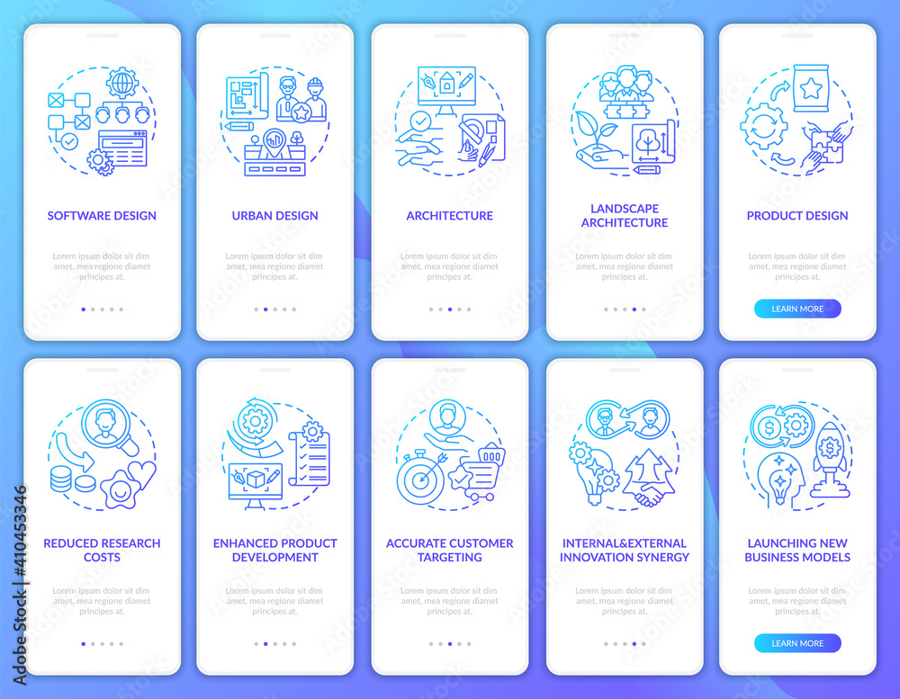 Fototapeta premium Co-creation process onboarding mobile app page screen with concepts set. Product development, innovations walkthrough 5 steps graphic instructions. UI vector template with RGB color illustrations