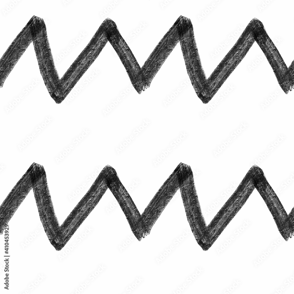 Fototapeta premium Painted Zig-Zag ornament. Dry Ink. Doodle hand-crafted style. Brush stroke. Endless repeatable pattern. Hight resolution and quality. Gift wrapping and interior wall paper design. Black and white