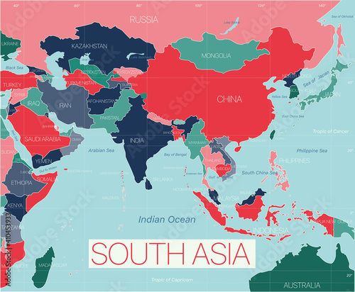 South Asia region detailed editable map with countries cities and towns. Vector EPS-10 file