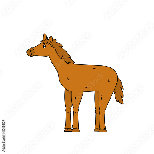 Side view of a brown vector horse. Cute outline cartoon animal stands and looks sideways isolated on white background.