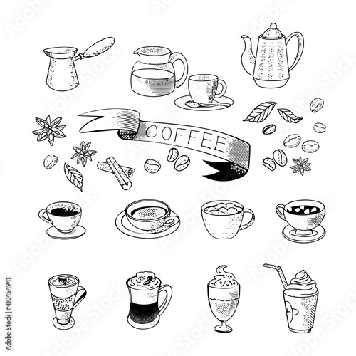 Coffee, espresso, cappuccino, mochachino, glasse, set of coffee cups, coffee beans. Vector coffee icons in vintage sketchy style on a white background.
