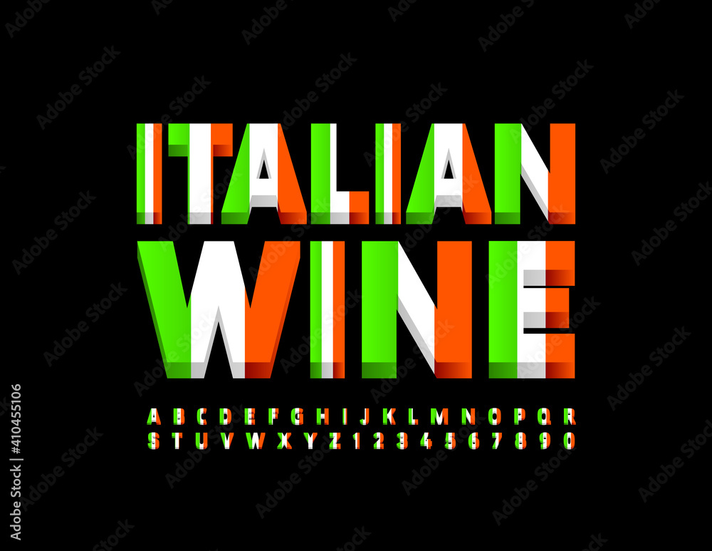 Vector creative badge Italian Wine. Italy flag Font. Modern Alphabet Letters and Numbers set
