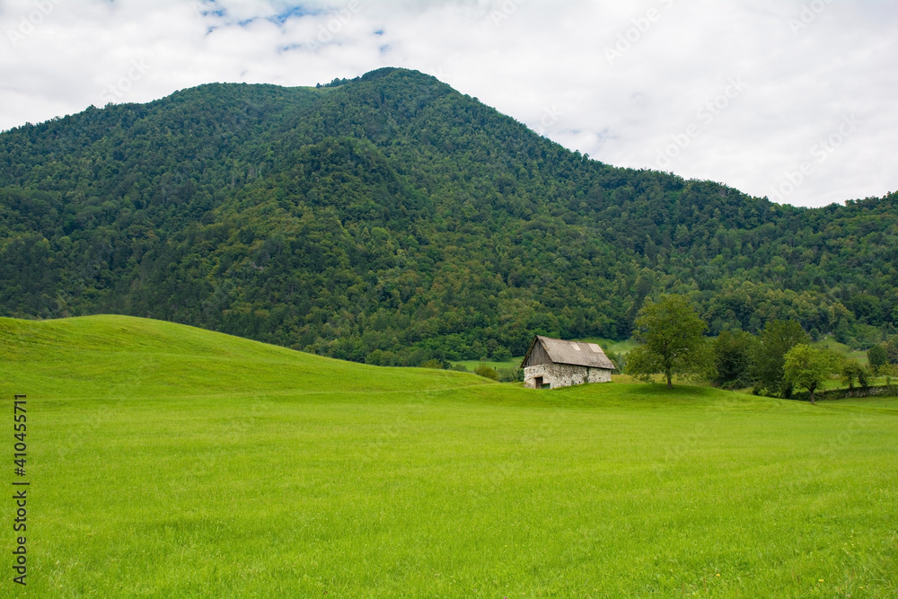 The summer landscape near the village of Zatolmin in Tolmin municipality, Primorska, Slovenia. Part of the Triglav National Park
