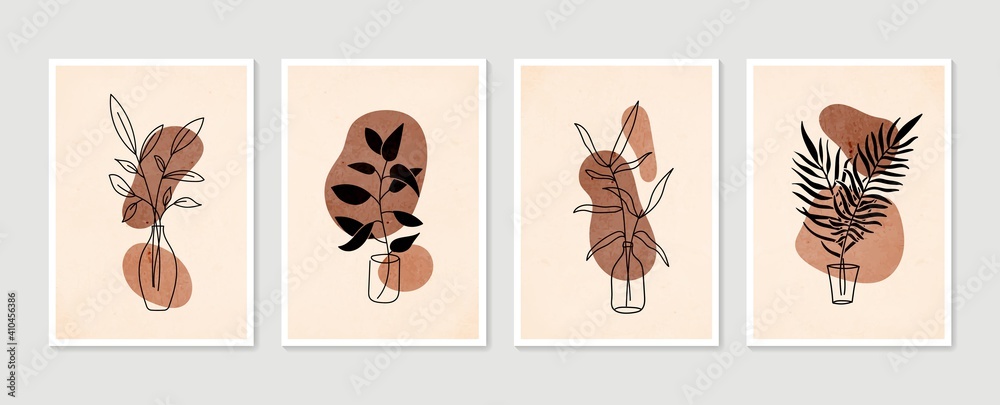 Botanical wall art vector set. Minimal and natural wall art. Boho foliage line art drawing with abstract shape. Abstract Plant Art design for print, wallpaper, cover. Modern vector illustration.