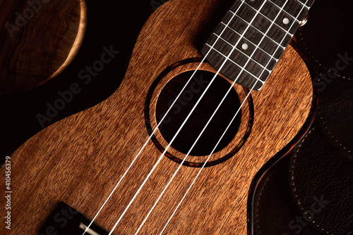  A warm brown image of a guitar lying on a dark background