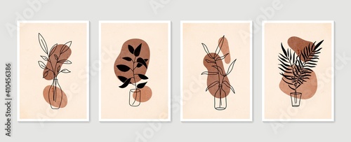 Botanical wall art vector set. Minimal and natural wall art. Boho foliage line art drawing with abstract shape. Abstract Plant Art design for print, wallpaper, cover. Modern vector illustration.