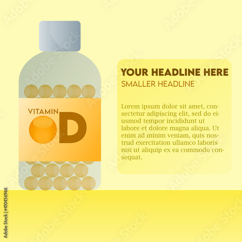 Vitamin D Capsule bottle flat modern illustration, health care concept, For medical ads, pharmacy, drug store booklet, banner or brochure.
