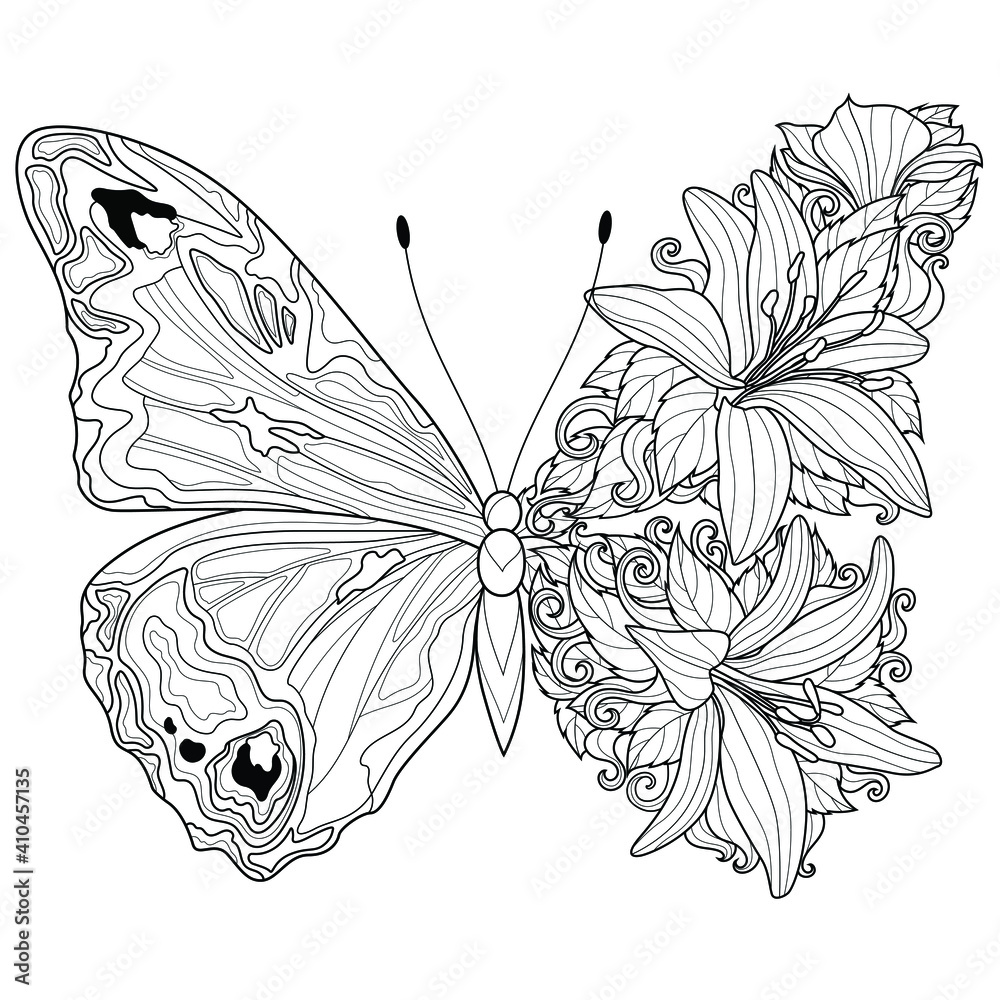 Watercolor Decorative Butterfly Insect, Drawn Contour, Print, Black and  White Coloring, Antistress on White Background for Decorat Stock  Illustration - Illustration of beauty, nature: 117368447