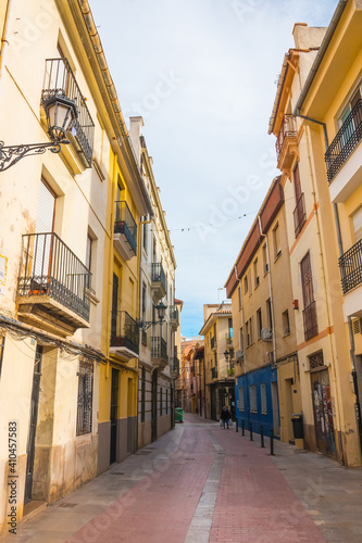 Castellón de la Plana, Valencian Community, Spain. Beautiful historical colorful spanish street. Typical architecture, well-preserved.