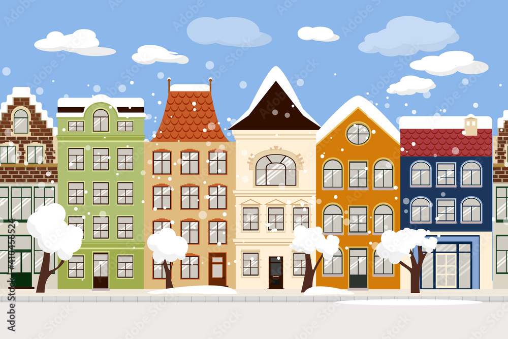 Seamless Border of Cute winter retro houses exterior. Collection of European building facades. Traditional architecture of Belgium and Netherlands. - Vector