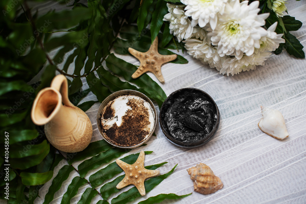 image of homemade cosmetics ingredients. aroma theme. Black mask, clay. image of homemade cosmetics ingredients. aroma theme. Black mask, clay.