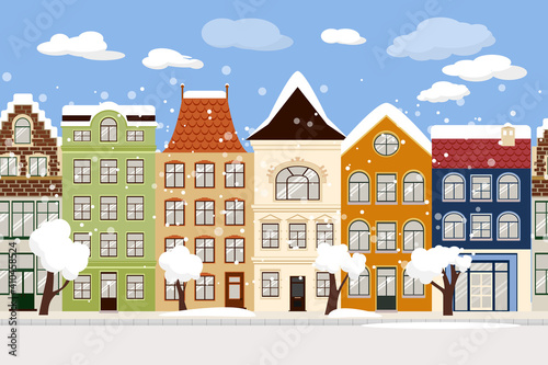 Seamless Border of Cute winter retro houses exterior. Collection of European building facades. Traditional architecture of Belgium and Netherlands. - Vector