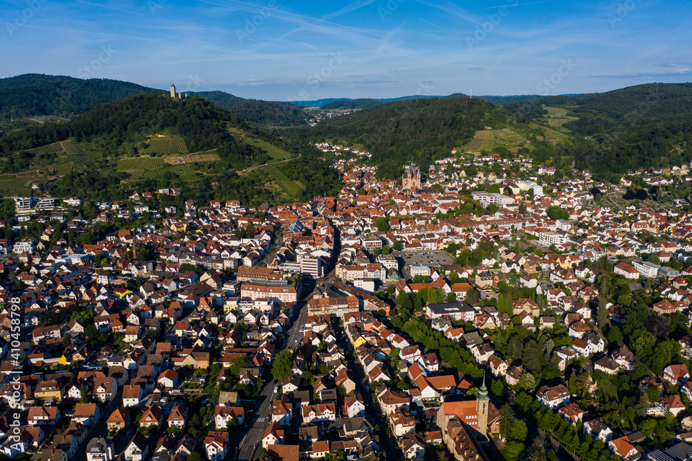 Aerial view of the city Heppenheim in Germany on a sunny afternoon in spring.	
