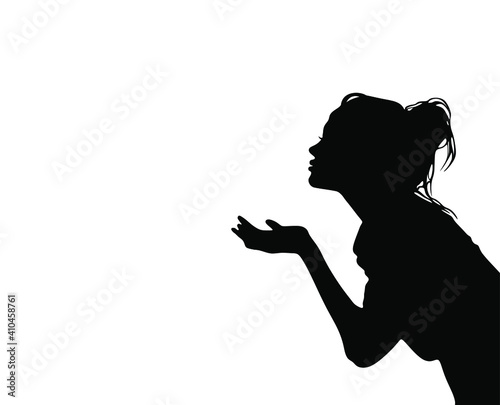 Pretty girl sending air kiss black silhouette isolated on white background.Woman profile stencil drawing.Beautiful lady vector illustration.Print.Vinyl wall sticker decal.Valentine's day decoration.