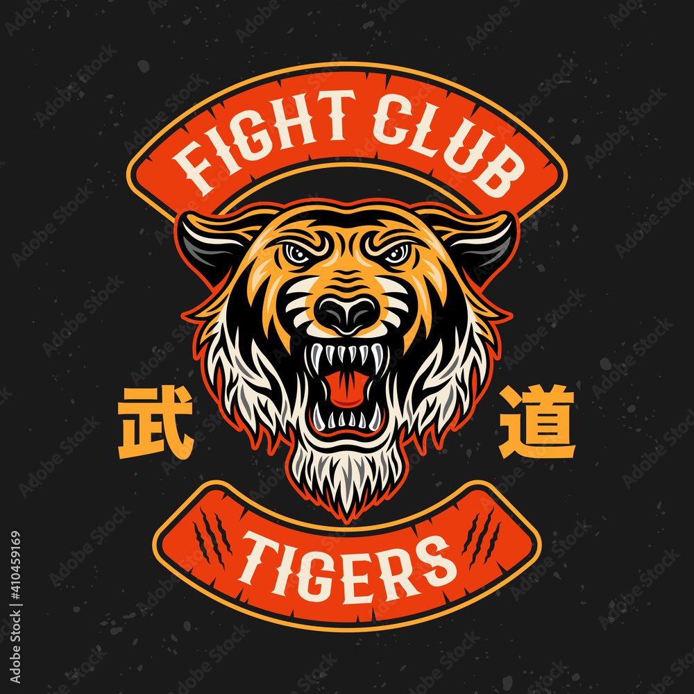 Tiger fight club, martial arts vector colorful emblem, badge, logo, patch, label isolated on dark background