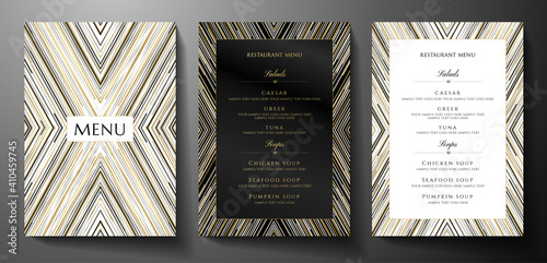 PrintDesign restaurant menu template with gold, black, silver glitch lines on black background. Luxury frame pattern (stripe border). Elegant cover useful for Creative Cafe Menu