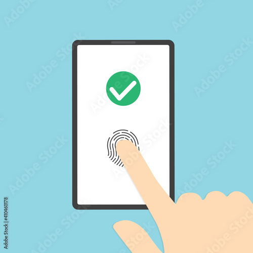 hand touching mobile screen with fingerprint biometric security- vector illustration