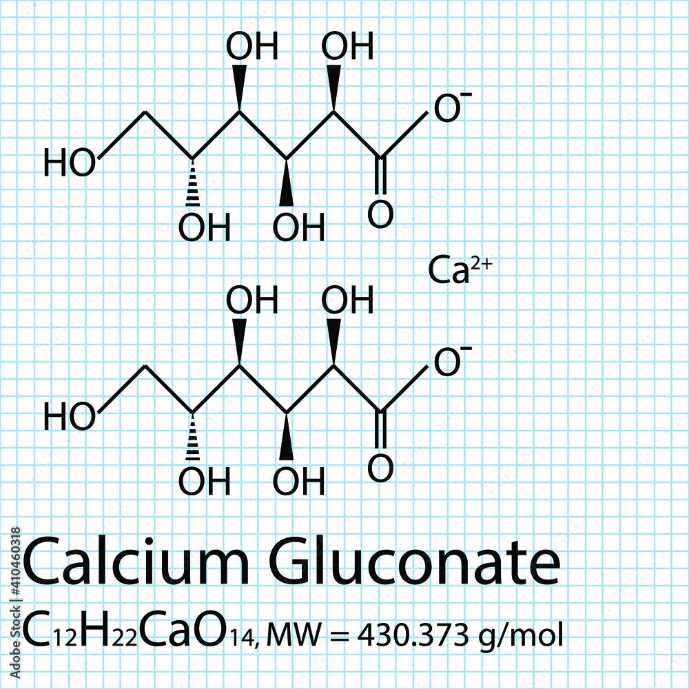 Calcium Gluconate Chemical formula with molecular weight, 3d ball and
