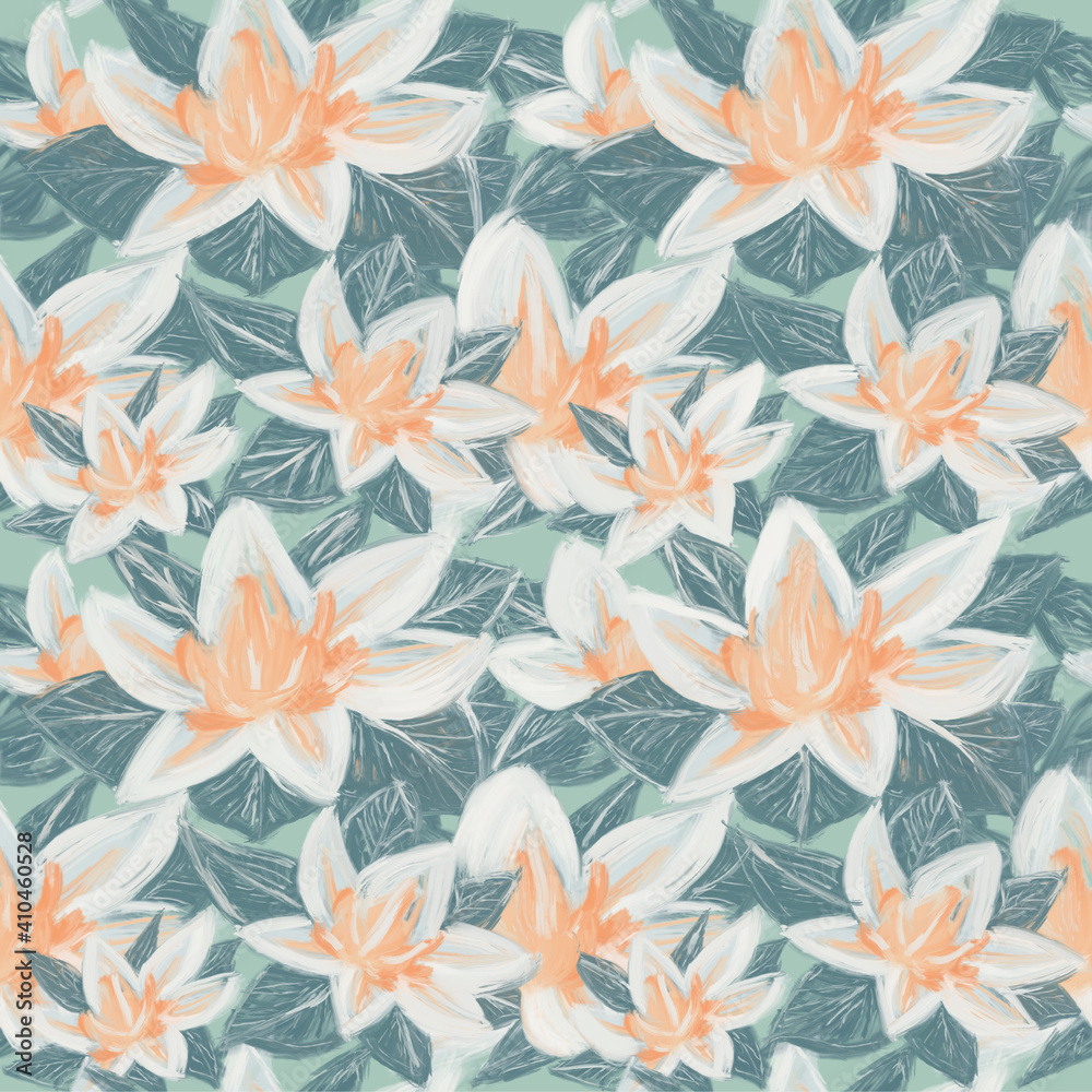 White water lilies with green leaves