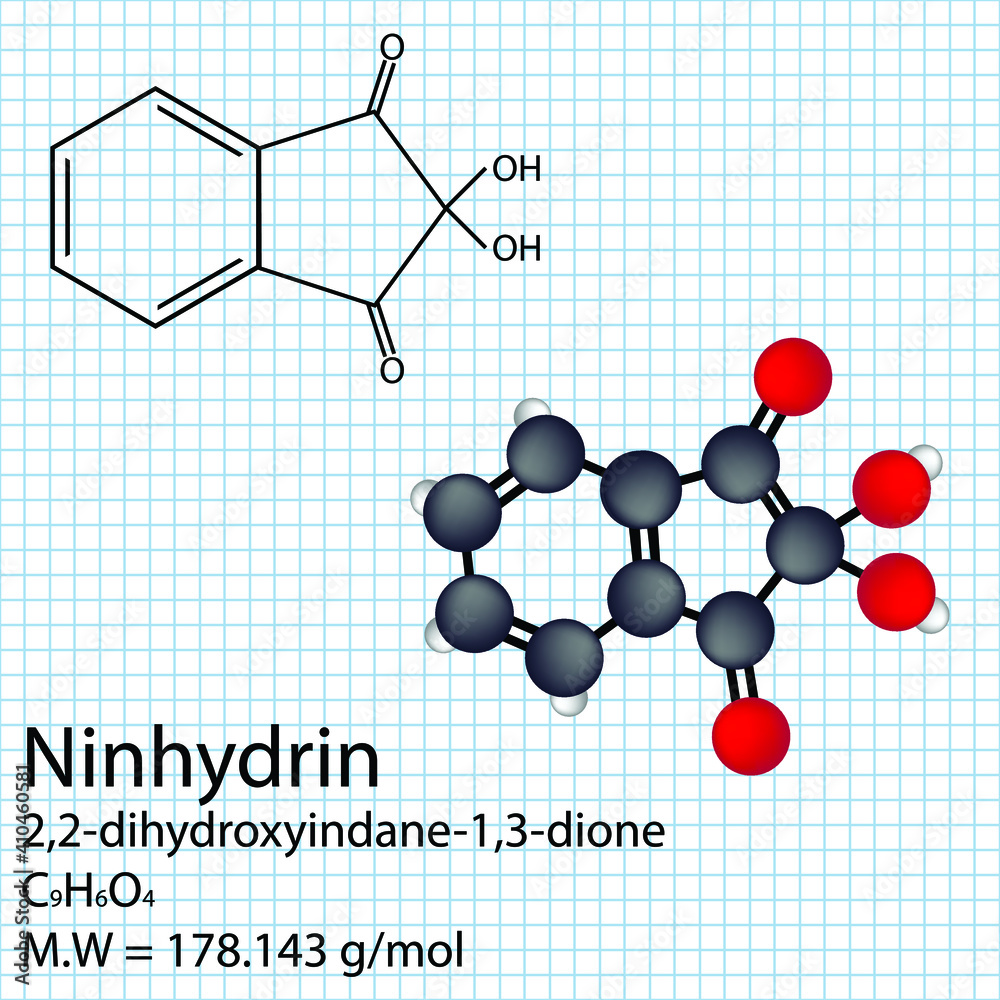 Ninhydrin Chemical formula with IUPAC name and molecular weight. 3d ...