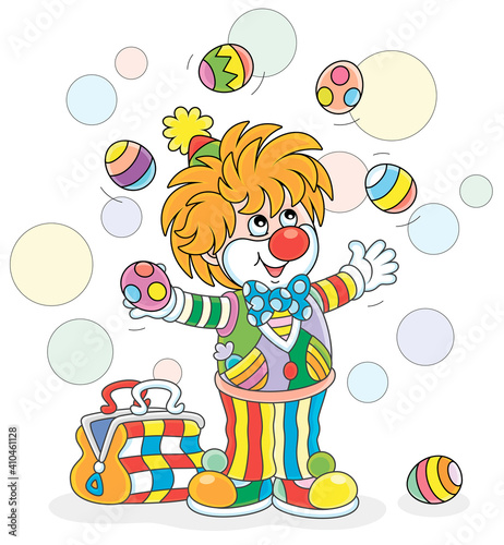 Funny and friendly smiling clown in a colorful comic suit juggling with decorated Easter eggs and conjuring tricks in a circus performance, vector cartoon illustration isolated on a white background