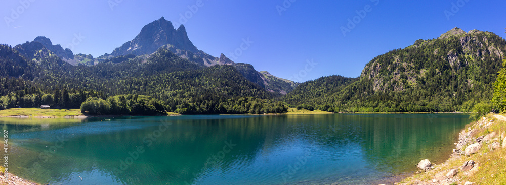 View of Ayous lakes and Midi d'Ossau mountain in the Pyrenees (France)