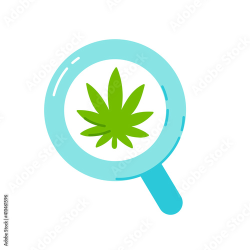 Marijuana weed leaf in magnifying glass. Vector trendty flat line illustration icon. Isolated on white background. Medical marijuana concept