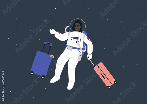 Space tourism concept, a young female Black astronaut in a spacesuit traveling with luggage in outer space