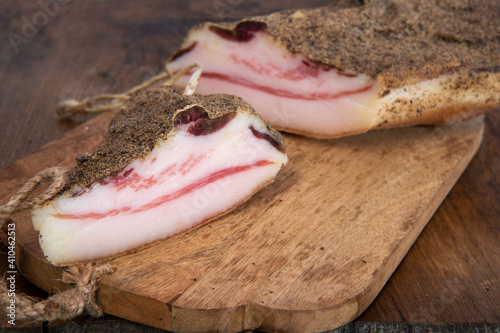 bacon called guanciale ingredient for pasta alla amatriciana and carbonara and gricia in Italian e roman food photo