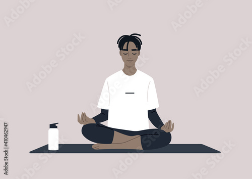 Young calm male Black character meditating in a lotus yoga pose, mindful lifestyle concept