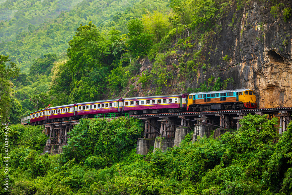 Train running on the death railway River Kwai in Kanchanaburi, Thailand. Train running on the death railway River Kwai in Kanchanaburi, Thailand.