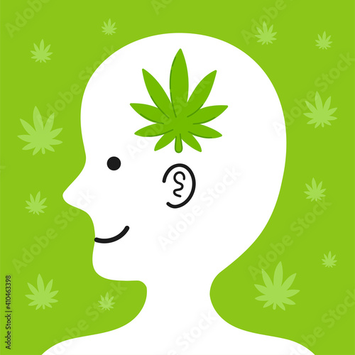 Cute human head in profile with marijuana leaf inside. Vector cartoon character illustration icon. Medical marijuana, weed concept