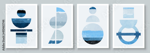 Mid-Century Modern Design. A trendy set of Blue Abstract Hand Painted Illustrations for Postcard, Social Media Banner, Brochure Cover Design or Wall Decoration Background. Vector illustration.