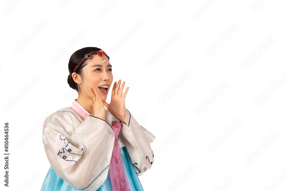 Korean Woman with Hanbok, the traditional Korean dress in white background isolated Korean Woman with Hanbok, the traditional Korean dress in white background isolated